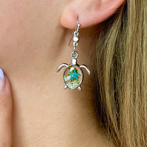 Deep in the Ocean Sea Turtle Earring displayed by being worn on a woman's ear.
