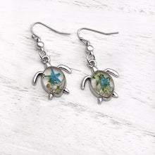 Load image into Gallery viewer, Deep in the Ocean Sea Turtle Earrings displayed on a white wooden surface.