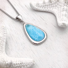 Load image into Gallery viewer, Larimar Drop Necklace displayed on a white wooden surface.