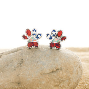Opal Infinity American Flag Paw Studs are sitting on top of a rock.