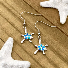 Load image into Gallery viewer, Opal Sea Turtle Flower Earrings displayed on a wooden surface, ideal for beach-inspired jewelry.