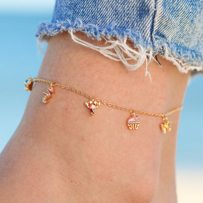 Open Sea Anklet displayed closely by being worn on a woman's ankle.