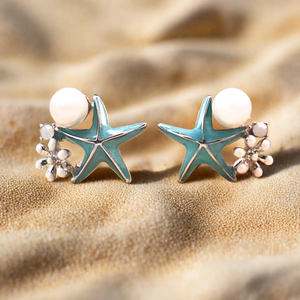 Starfish Pearl Studs shot closely in a bright environment.