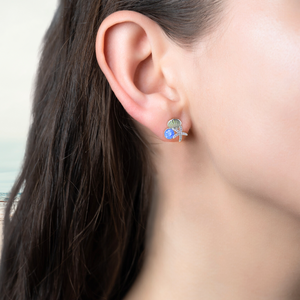 Starfish Shell Studs in Blue displayed by being worn on a woman's ear.