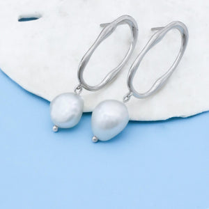 .925 Silver Pearl Irregular Oval Earrings (NEW) - GoBeachy