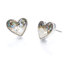 Load image into Gallery viewer, Abalone Sand Heart Studs displayed on a white smooth surface against a white background.