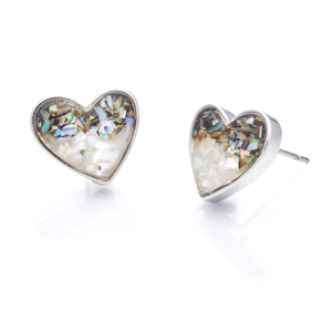 Abalone Sand Heart Studs displayed on a white smooth surface against a white background.
