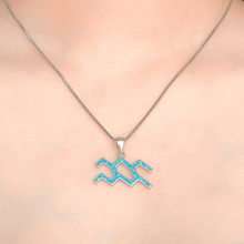 Load image into Gallery viewer, Opal Aquarius Necklace displayed closely by being worn around a woman&#39;s neck.