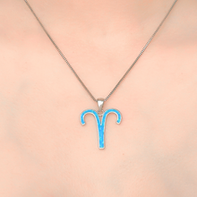 Load image into Gallery viewer, Opal Aries Necklace displayed closely by being worn around a woman&#39;s neck.