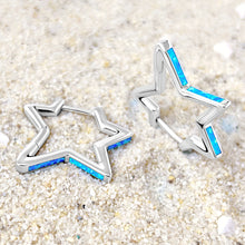 Load image into Gallery viewer, Opal Star Hoop Earrings are displayed on a sandy surface.