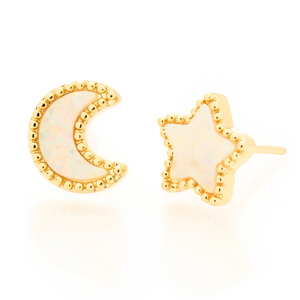 Opal Starry Night Studs displayed on a white smooth surface against a white background.